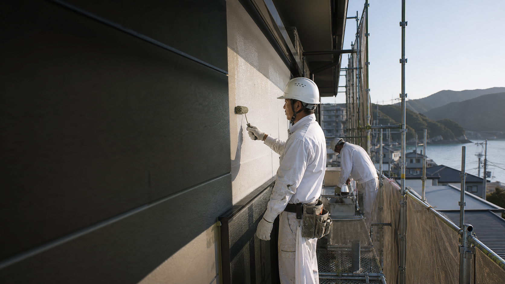 建物外壁の塗装作業をする職人の参考イメージ